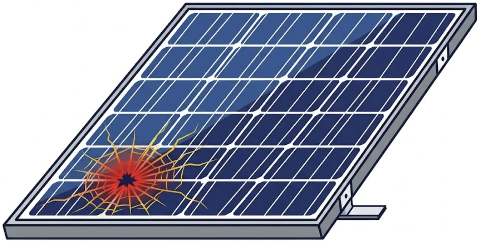 Illustration of a solar panel with a glowing red hot spot and cracks radiating out from a single damaged cell.