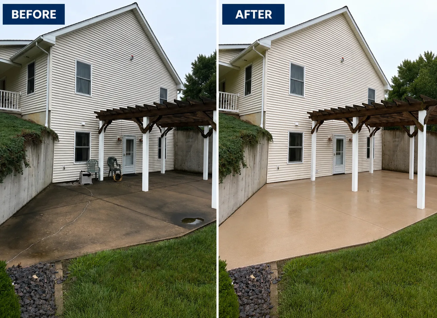 A stained concrete patio under a pergola before pressure washing beside the same patio cleaned to a bright, even finish after.