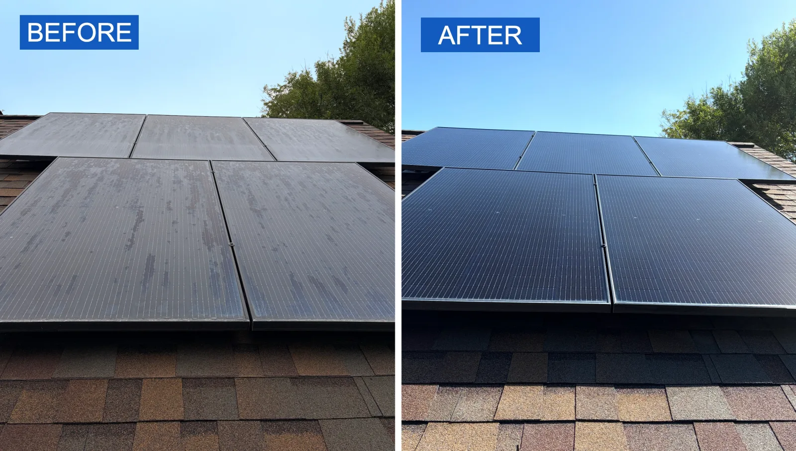 Rooftop solar panels shown side by side: dusty and hazy before cleaning, then deep blue and spotless after.