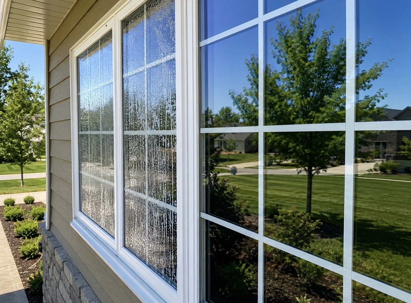 Exterior windows on a home, one still soapy and one cleaned to a clear, streak-free reflection.